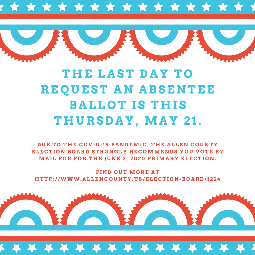 Due to the COVID-19 Pandemic, the Allen County Election Board STRONGLY RECOMMENDS you VOTE BY MAIL for for the June 2, 2020 Primary Election. For more information, visit allencounty.us/election-board… 
#thankyoufortwayne #repair2020voteyes