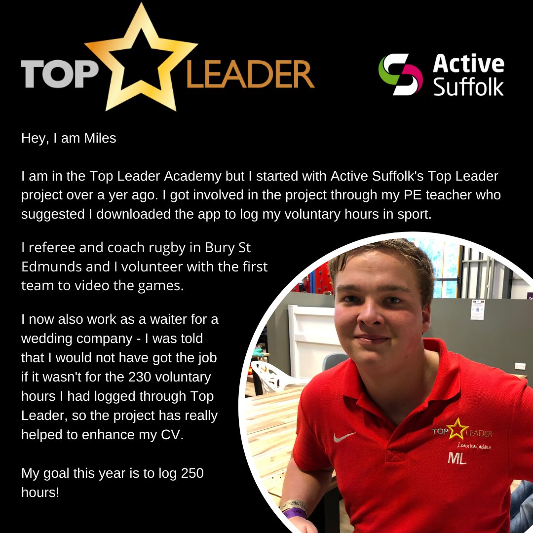 The Topleader project  offers young people, who are volunteering in sport, a formal method of recording their voluntary hours.

Well done Miles!!

<a href="/CASuffolk/">Community Action Suffolk</a> <a href="/VolSuffolk/">Volunteer Suffolk</a> @InspireSuffolk @realisefutures