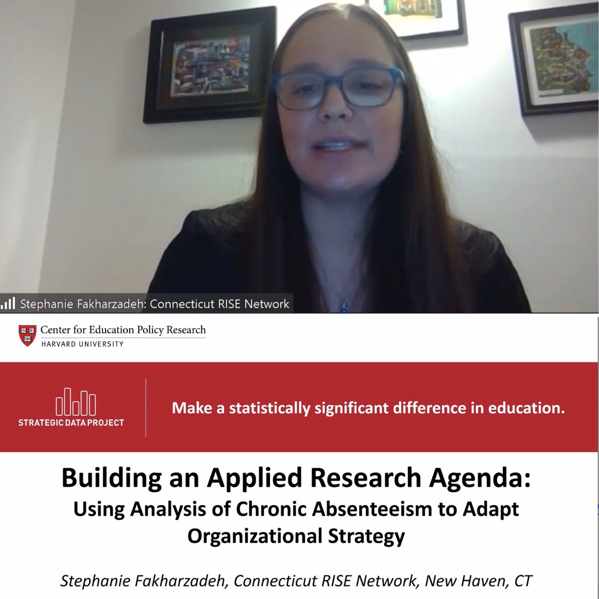 ctrisenetwork's tweet image. Our Stephanie Fakharzadeh, a @HarvardCEPR Strategic Data Project Fellow, presented her capstone project via Zoom yesterday. Her leadership in exploring new data insights and best practices around attendance help move our network forward. Congratulations, Steph!