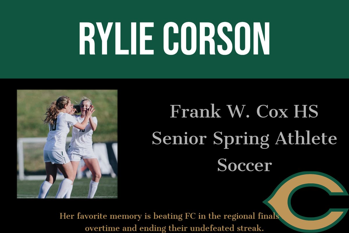 Frank W. Cox HS (@frankwcoxhs) on Twitter photo Happy Tuesday Falcons! We start today by celebrating student-athlete Rylie Corson from our <a href="/SoccerFalcon/">Falcon Girls Soccer</a> program. Rylie plans to attend Virginia Tech for public health. #FalconAwesome #ClassOf2020 Happy Tuesday Falcons! We start today by celebrating student-athlete Rylie Corson from our <a href="/SoccerFalcon/">Falcon Girls Soccer</a> program. Rylie plans to attend Virginia Tech for public health. #FalconAwesome #ClassOf2020