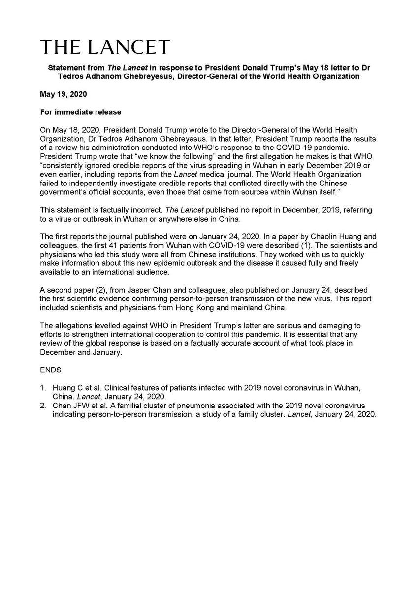 Pr Trump claims we published reports in Dec 2019 claiming a virus was spreading in Wuhan. Untrue. The first paper describing 41 patients with COVID-19 was published on Jan 24. That paper identified symptom onset of the first Wuhan patient as Dec 1. No cover up. Full transparency.