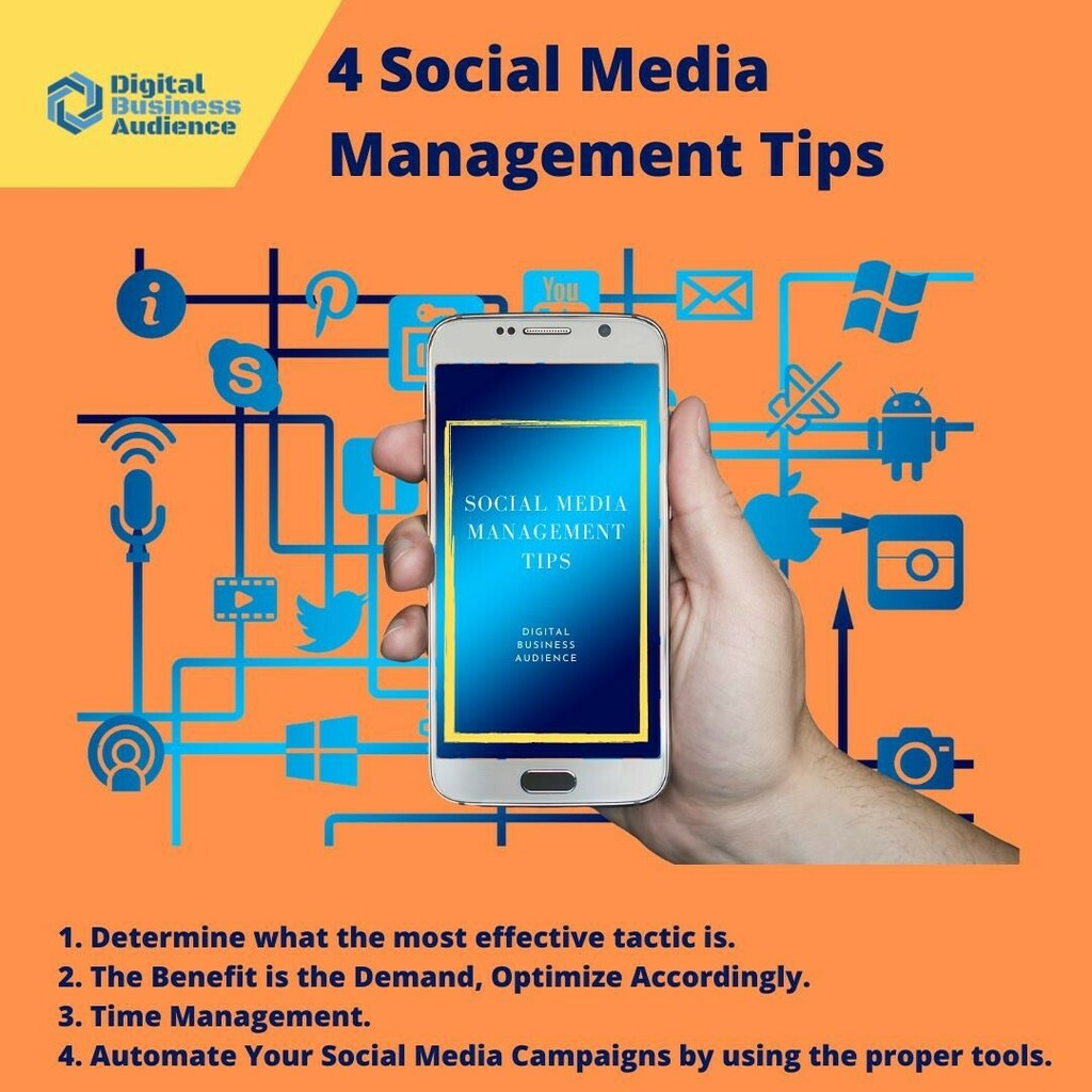 4 Social Media Management Tips 💪

1. Determine what the most effective tactic is? 🗝
2. The Benefit is the Demand, Optimize Accordingly 💻
3. Time Management ⏰
4. 📢Automate Your Social Media Campaigns by using the proper tools🛠

#DBA #digitalbusinessaudience #socialmedia #…