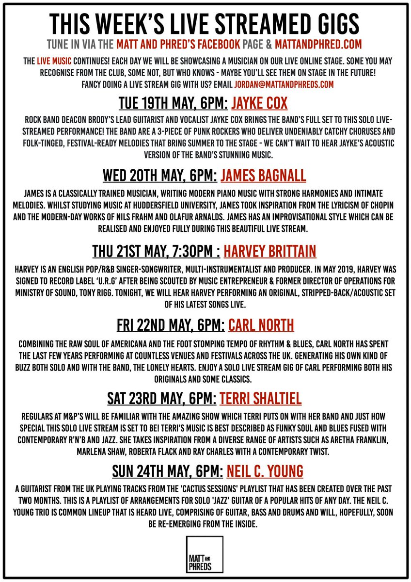 <a href="/MattandPhreds/">Matt and Phreds</a> have more live music for you this week.

Starting tonight with a session from <a href="/DeaconBrodyUK/">DEACON BRODY</a>’s lead guitarist and vocalist Jayke Cox.

Watch at Matt &amp; Phred’s Facebook page or mattandphreds.com

#Wearemanchester #Mattandphreds
#LiveMusic 
#LiveStream 
#gigs