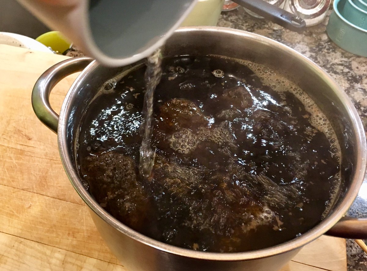 Remove from heat. Pour a cup or so of cold water over the floating coffee gunk. Why? It makes the gunk sink to the bottom. So, it presses itself.  /22