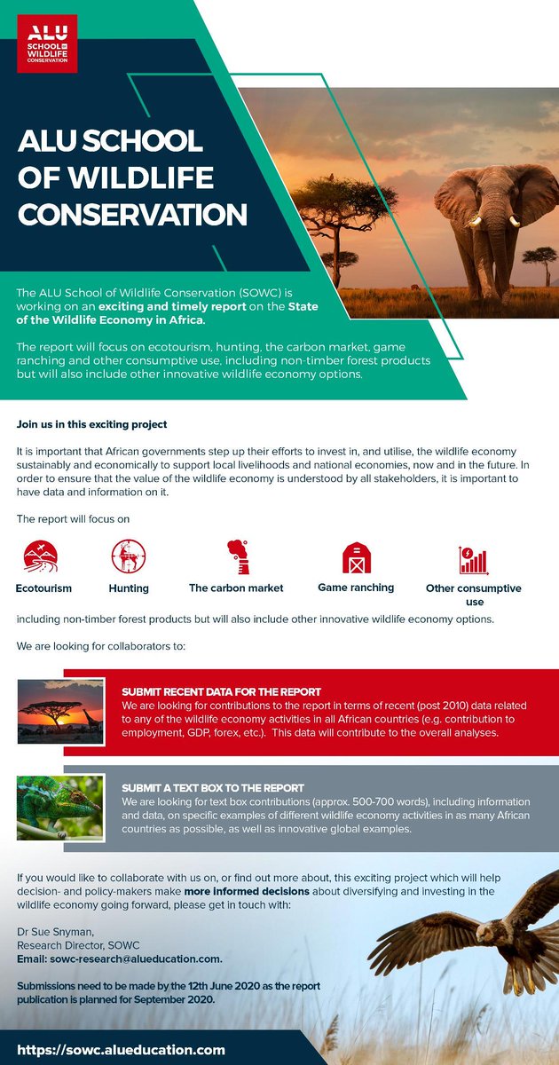 SueSnyman's tweet photo. @aluconservation is working on a report on the State of the Wildlife Economy in #Africa &amp; is looking for contributors to provide data &amp;/or text boxes to ensure informed decision-making to diversify the wildlife economy &amp; build #resilience #wildlife #development #conservation https://t.co/cc5oU873MN