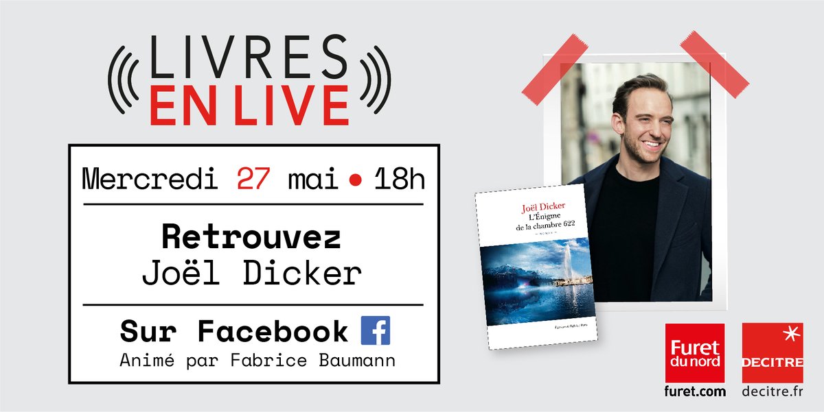 LIVRES EN LIVE 🔴 Mercredi 27 mai, c’est au tour de @JoelDicker de se prêter au jeu de l’interview pour la sortie de son nouveau roman « L’énigme de la chambre 622 » aux Editions #deFallois. Retrouvez-toutes les informations ici ⬇ facebook.com/events/6448583…