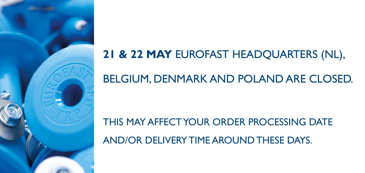 Eurofast_'s tweet photo. Please be aware that diverse @Eurofast_  divisions are closed on 21 &amp; 22 May, due to Ascension Day.

For more information: https://t.co/2JQjUUIFgx  

#Eurofast #Fixedquality #holidays #AscensionDay #EurofastBelgium #EurofastDenmark #EurofastPoland #closed https://t.co/3SYEQCG5pl