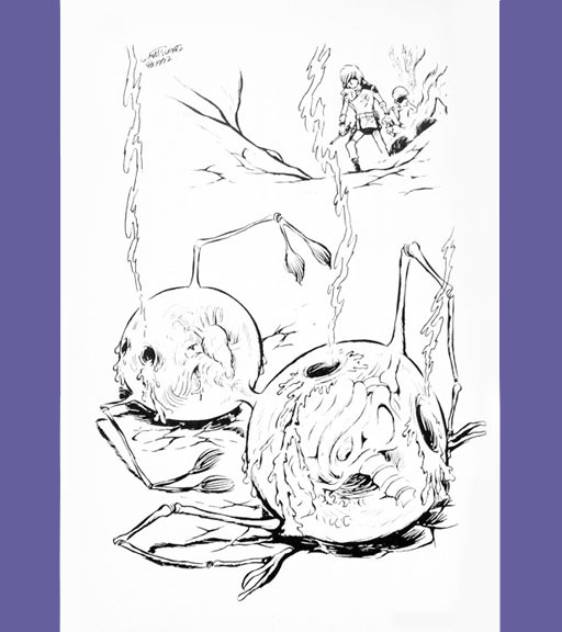 kiko_sq's tweet photo. 左：「大宇宙の墓場」P89。惑星リンボーの偵察シーン。松本氏の描く飛翔艇を見て下さい。文の方も岩や草、色の描写がきっちり。

右：P103。何者かに焼き殺されたリンボーの球体生物。通称「豆細工」は英語でdomned　bogies。悪霊とかお化けとか言われちゃってますね…

＃太陽の女王号
＃松本零士 https://t.co/x0MFMERPr8