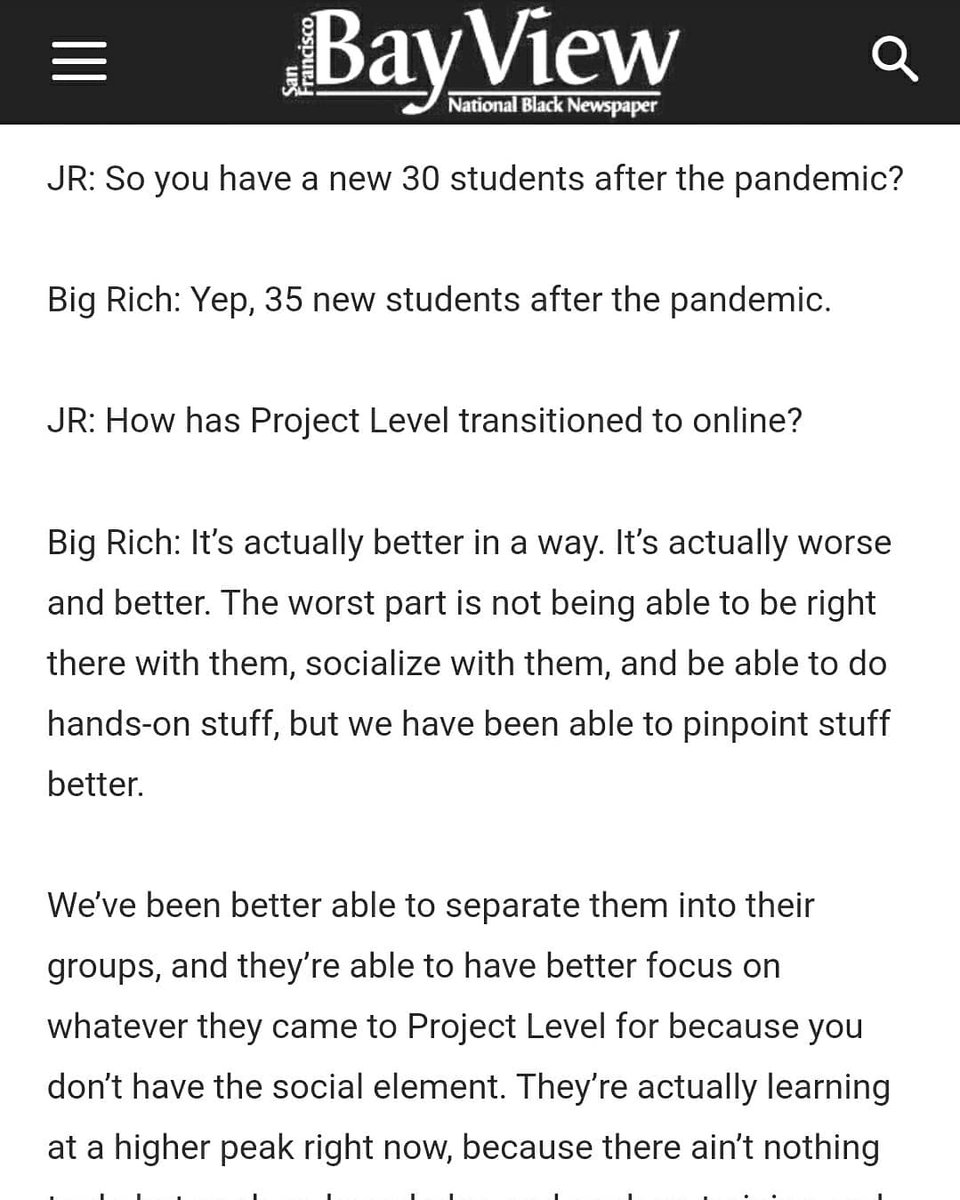 FillmoreRich3's tweet image. Check out this great piece @sfbayview wrote about how we transitioned @projectlevel into an online platform during the COVID-19 pandemic. #ProjectLevel sfbayview.com/2020/05/the-fi…