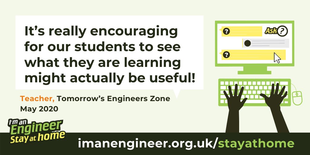 Teachers! Connect your students with 150+ engineers in #IAEStayAtHome. Help them discover for themselves what #engineering is all about.

"Honestly this the best thing since lockdown" - Teacher in <a href="/Tomorrows_Eng/">Tomorrow's Engineers</a> Zone.

Sign up your classes👉 imanengineer.org.uk/stayathome/tea…