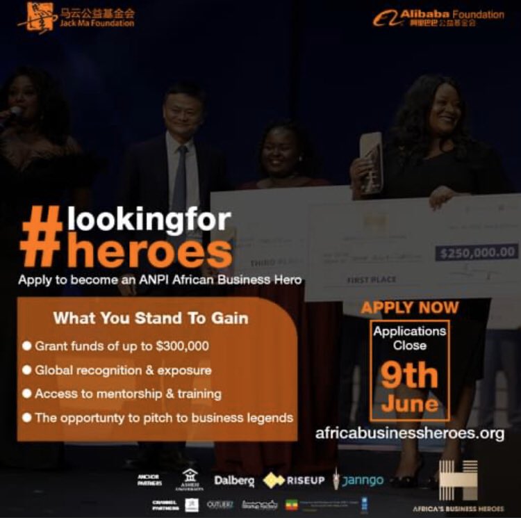 The <a href="/JackMa/">Jack Ma</a> Foundation’s @africabusinessheroes is calling African entrepreneurs to apply to its annual competition to gain funds, global recognition and traning. Apply now - deadline June 9th: africabusinessheroes.org/en/
#channelpartner #morocco