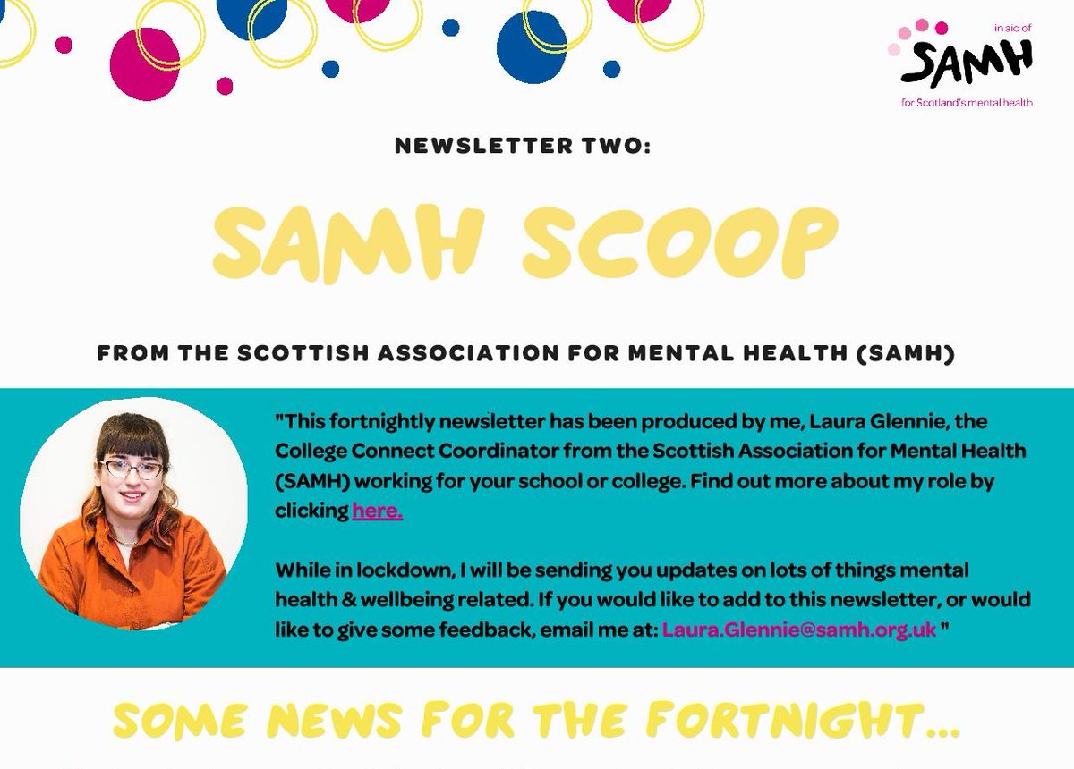 ArmadaleAcademy's tweet image. Issue 2 of 'SAMH Scoop' Newsletter with the latest news on Children and Young People's Mental Health &amp;amp; Wellbeing can be accessed on the link below.  Thank you.   @LoveWestLothian 

armadaleacademy.westlothian.org.uk/article/58731/…