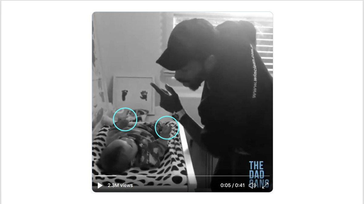 10. But that baby? He's a skilled musician! That's what all human babies are! So...quick as a flash (at .06), he's in there - also LIFTING HIS FINGERS, copying Daddy. (Yes, folks, look closely or you miss it!) We're watching the mirror neurons in his brain hard at work.