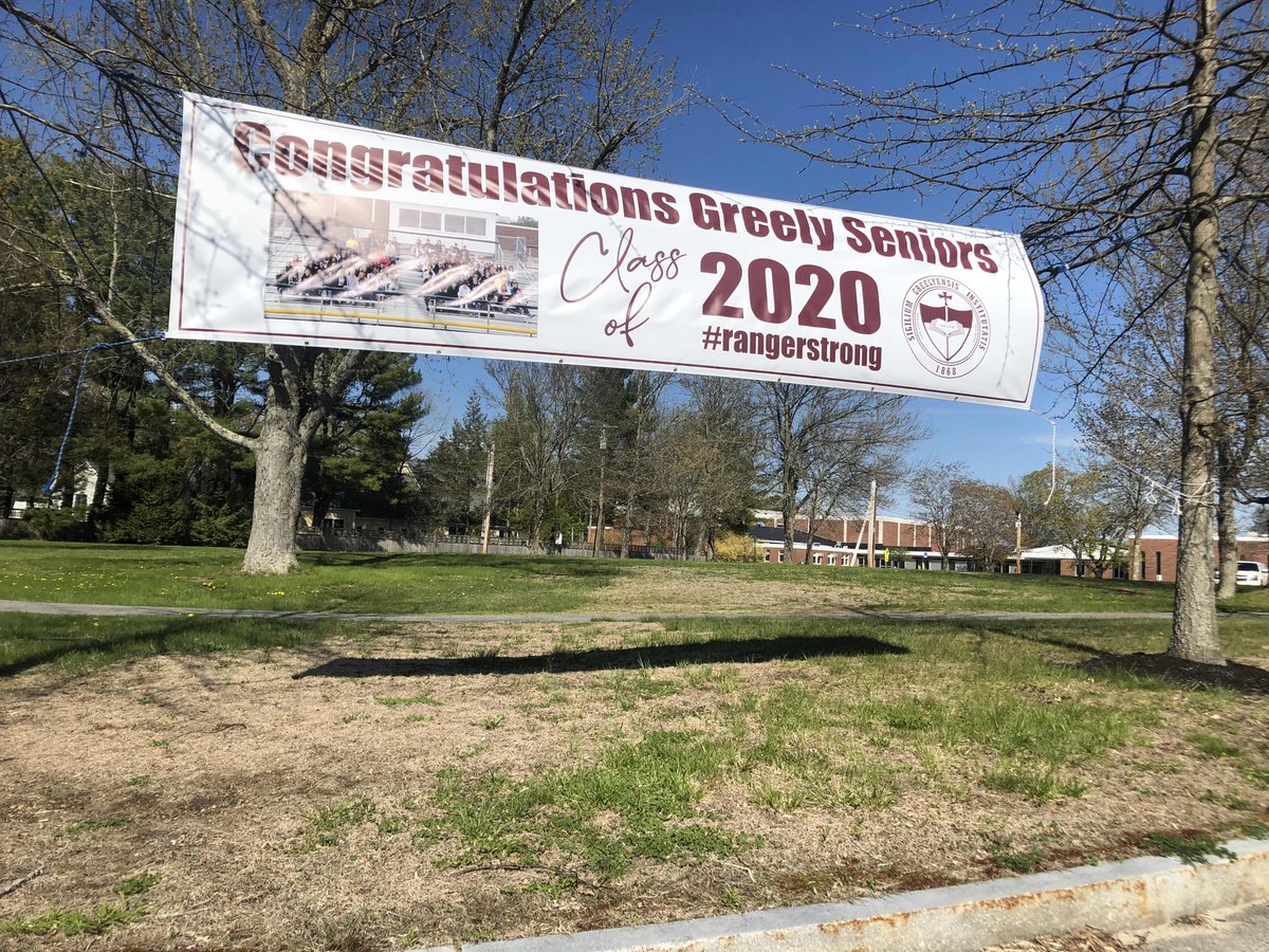GreelyPrincipal's tweet photo. A huge and heartfelt thanks to Chris Bourgeois (Greely ‘95) for the donation of this fantastic banner to celebrate the Class of 2020, and thanks also to Greely grads Marc and Judy Bourgeois and Doug Pride for putting it up. We’re so proud of you, 2020! #rangersrock #rangerstrong https://t.co/okAGaNqV5C