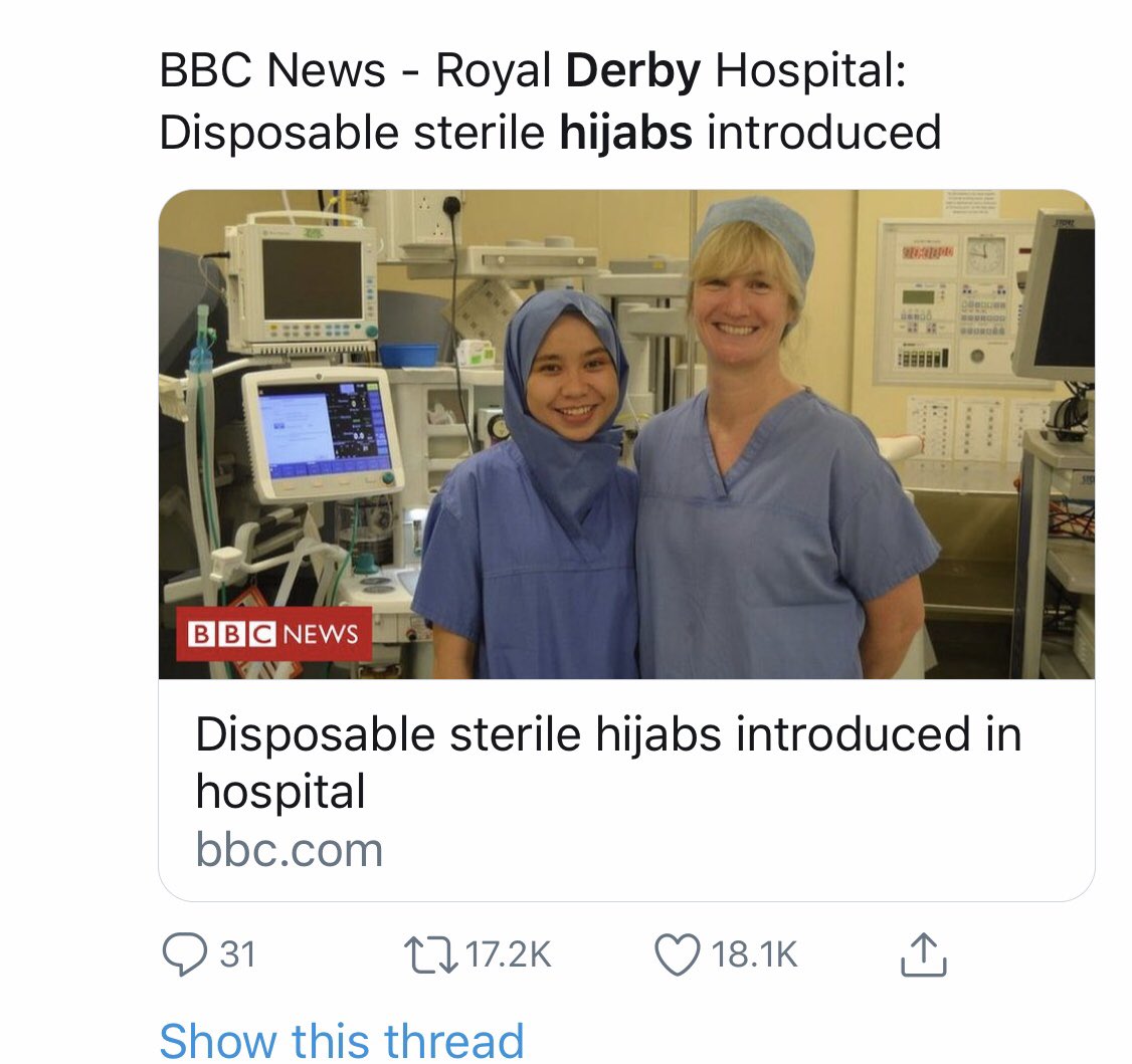 Thank you also  @FarahShaheera19 and Ms Tierney  @UHDBTrust who heard about our campaign/paper and took the initiative to develop the NHS’s first single use disposable hijab. A story picked in the mainstream press internationally featuring this iconic image