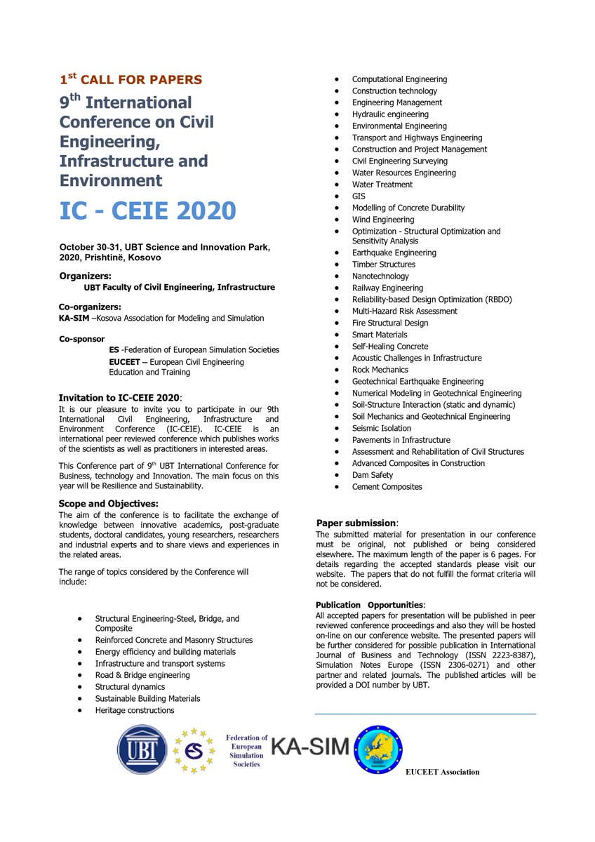 ConferenceCivil's tweet photo. International Conference on Civil Engineering, Infrastructure and Environment 2020! #UBT #CivilEngineering #environment #EnvironmentalInnovation #infrastructures #infrastructure #Kosova #innovation #prishtina https://t.co/gVZ1TMoLDu