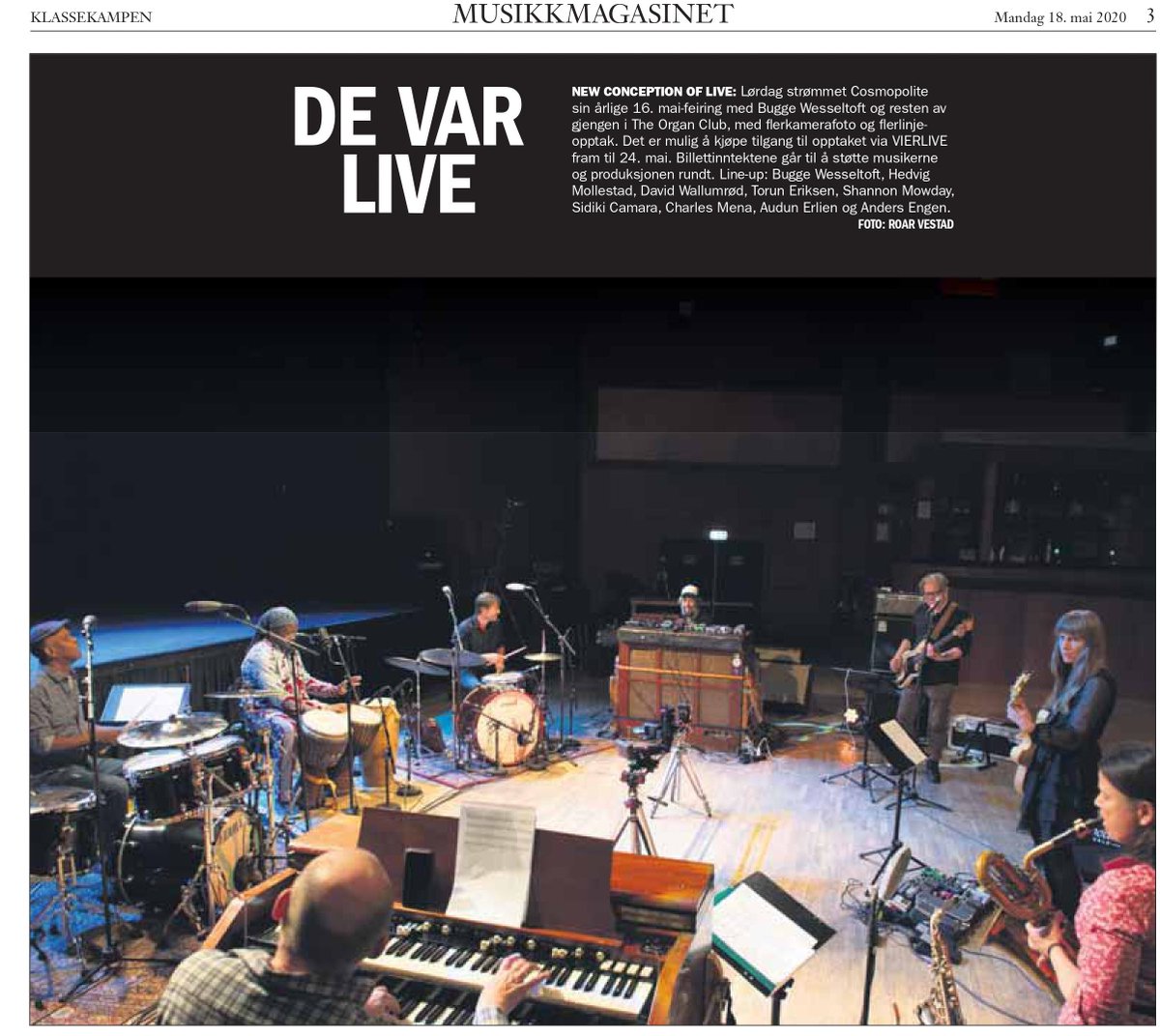 Takk til musikerne, fotograf og teknikere for en fantastisk konsert med The Organ Club 16.mai<3 For de som enda ikke har sett konserten, er det mulig å kjøpe en billett til opptaket helt fram til 24.mai✨Bildet er fra dagens Musikkmagasin i <a href="/Klassekampen/">Klassekampen</a>, foto: Roar Vestad