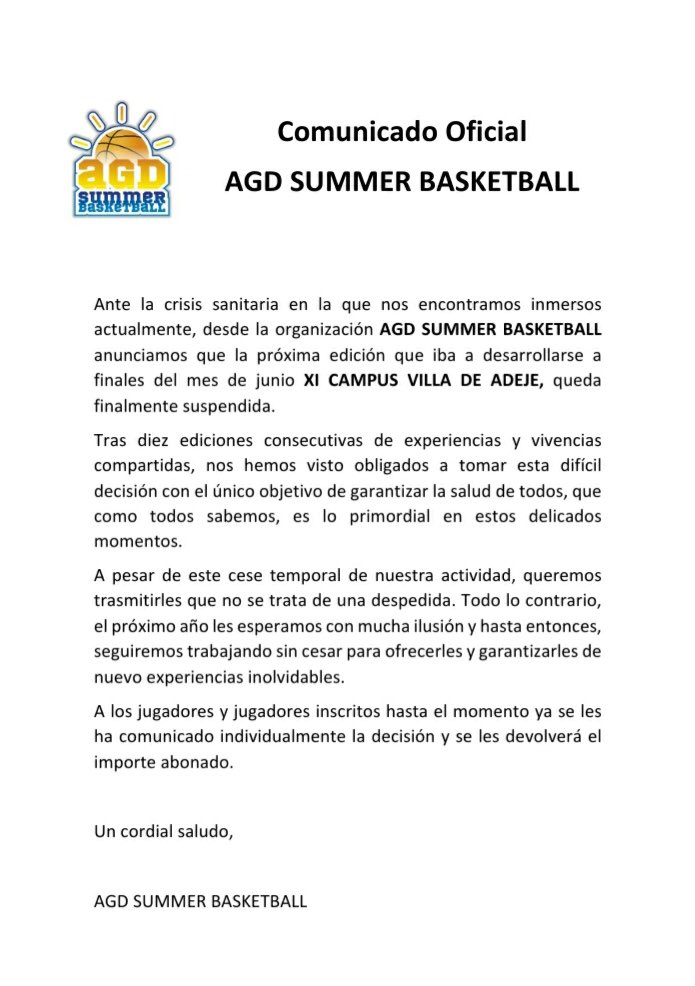 adeje_x's tweet photo. ⚠️🦠Desde AGD SUMMER BASKETBALL les informamos que debido la crisis sanitaria en la que nos encontramos inmersos actualmente, la próxima edición que iba a desarrollarse a finales del mes de junio XI CAMPUS VILLA DE ADEJE, queda finalmente suspendida ❌🦠⚠️ #nosvemosenel21
💪🏼🏀💛 https://t.co/pa12AMYKFL