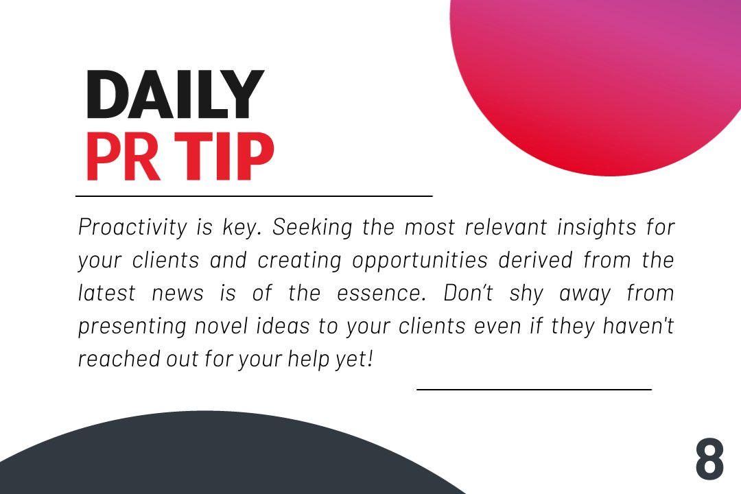 Being ahead of the news or trends is what we are all seeking in the industry. By being proactive and presenting ideas to your clients not only when asked, it puts forth your expertise and goodwill.

#ConseilRP #PRTips