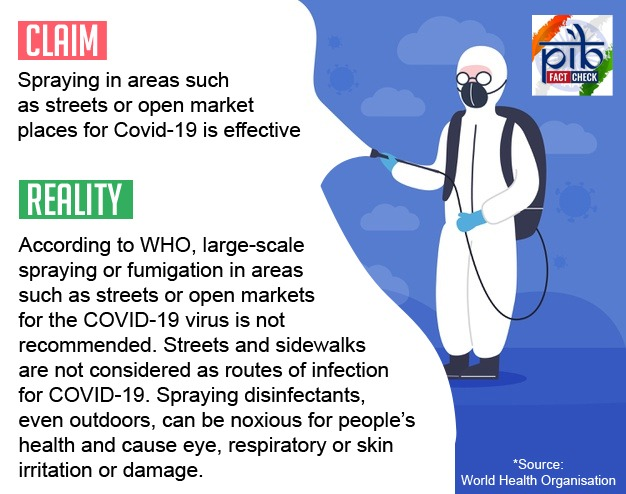 According to WHO, large-scale spraying or fumigation in areas such as streets or open markets for the COVID-19 virus is not recommended. Streets and sidewalks are not considered as routes of infection for COVID-19. Spraying disinfectants, even outdoors, can be noxious for people’s health and cause eye, respiratory or skin irritation or damage.