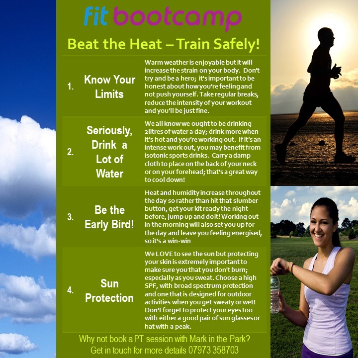 FITBC's tweet image. As the weather hots up this week, we thought it would be helpful to give you some tips on how to train safely and effectively in the heat. #beattheheat #trainsafely #knowyourlimits #betheearlybird #drinkwater #markinthepark #pt #personaltraining #harpenden #harpendencommon