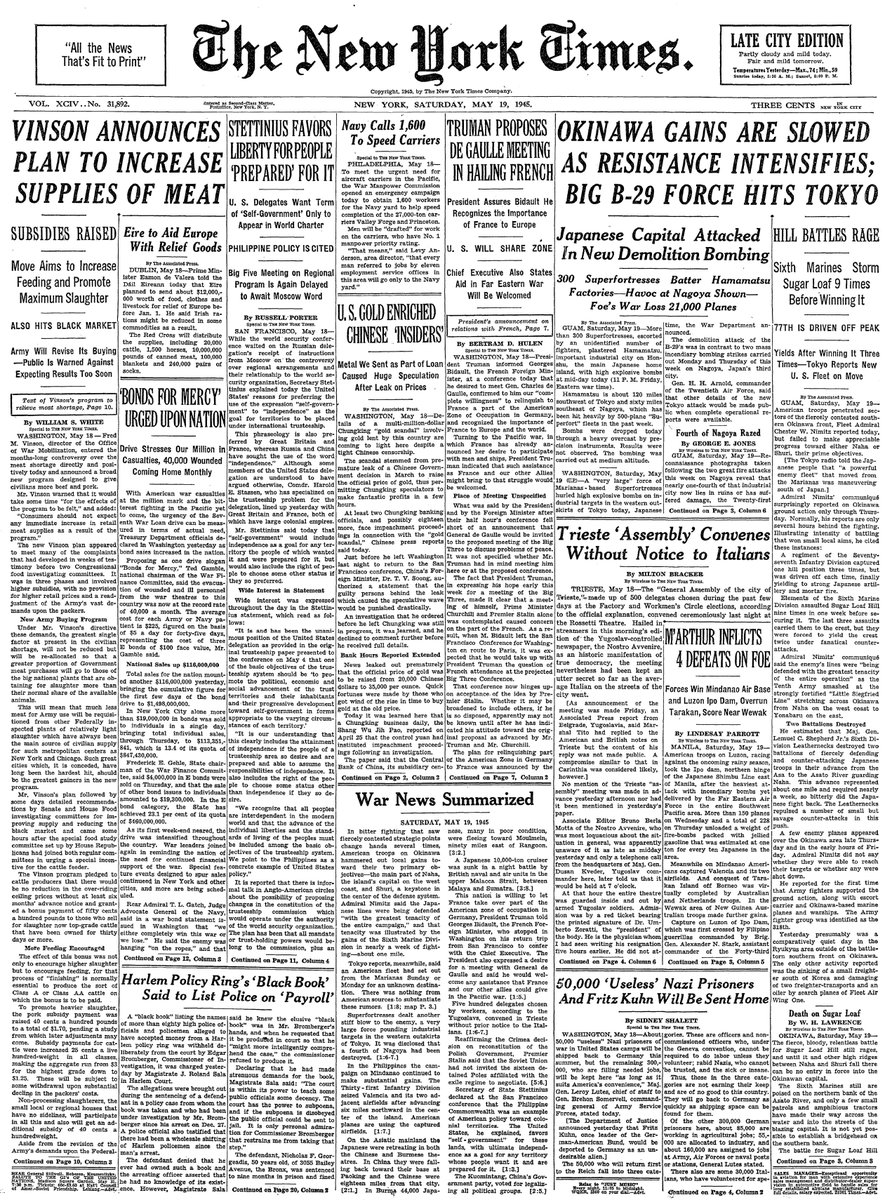 May 19, 1945: Okinawa Gains are Slowed as Resistance Intensifies; Big B-29 Force Hits Tokyo  https://nyti.ms/2TlEQPs 