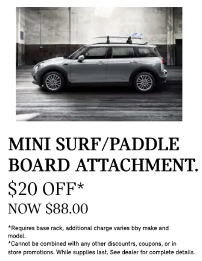 New parts specials have been released- just in time for summer weather!

Right now you can save on MINI Sunshades, kayak racks, paddle board attachments and more.

Find them all on our website: bit.ly/2v3cPmm