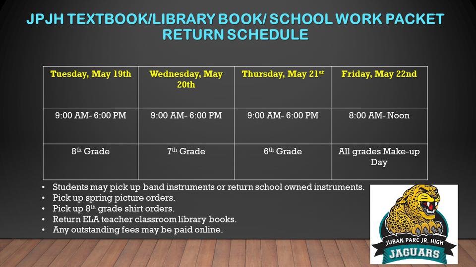 JubanParcJr's tweet photo. Reminder 8th Grade
Reminder that 8th grade turn-in and pick up is today from 9am-6pm in front of our office.   https://t.co/BkRw675OAG https://t.co/wESAP94OvR