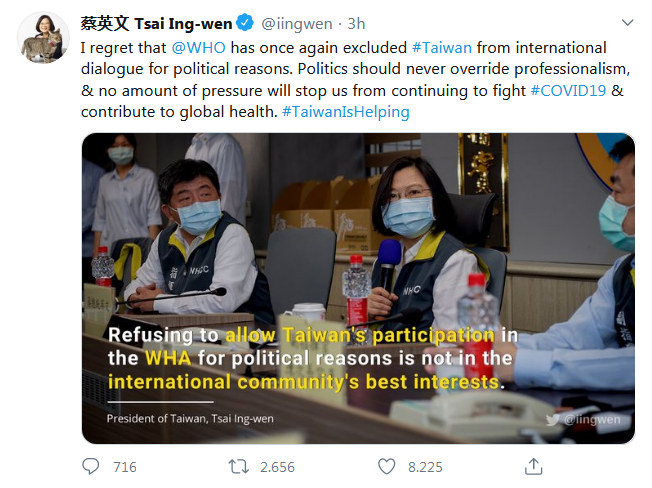 #Taiwan The real face of China: agreed with WHO it excludes Taiwan from participation in WHA. Plus China refuses any independent investigation on the origin of COVID19.
<a href="/StateDept/">Department of State</a> <a href="/MossadNews/">Unofficial ✡MOSSAD✡</a> <a href="/ColorMeRed/">ColorMeRed 🇺🇸 🇨🇦</a> @Rose45Rose1237 <a href="/MFS001/">MFS - The Other News</a> <a href="/rnovoa/">Rubèn Novoa 𝕏Catalunya</a>