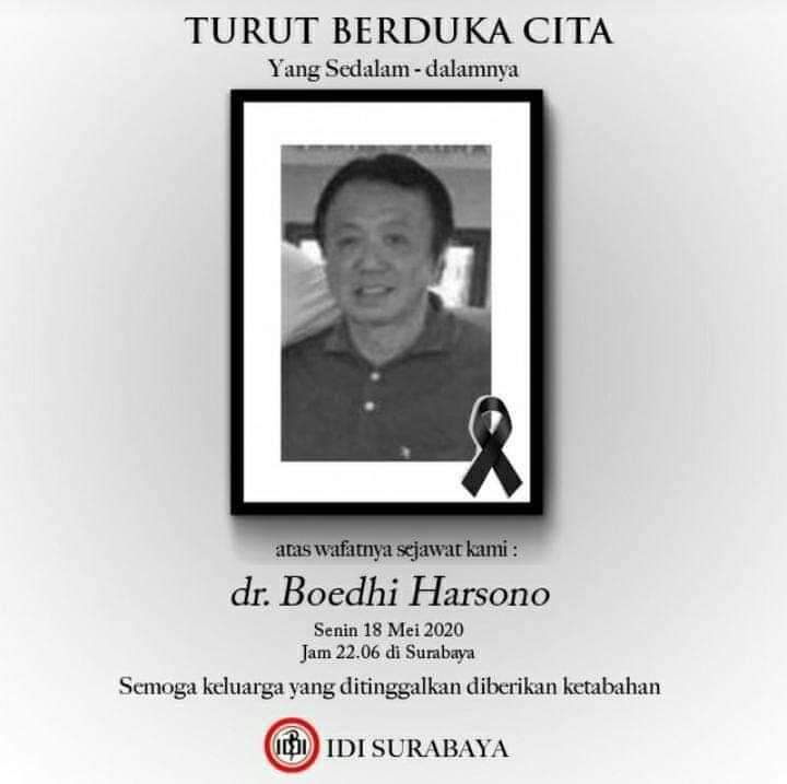 smsespi's tweet photo. Telah meninggal dunia, dr. Boedhi Harsono jam 22.16 kemarin di National Hospital Surabaya oleh karena CoVid-19. 

Isterinya, dr. Theresia, SpJP masih dalam keadaan kritis, &amp; anaknya juga di rawat di RS yang sama
#BersatuLawanCovid19 
#indonesiaterserah 
@RadioElshinta https://t.co/e28Atd5YLq