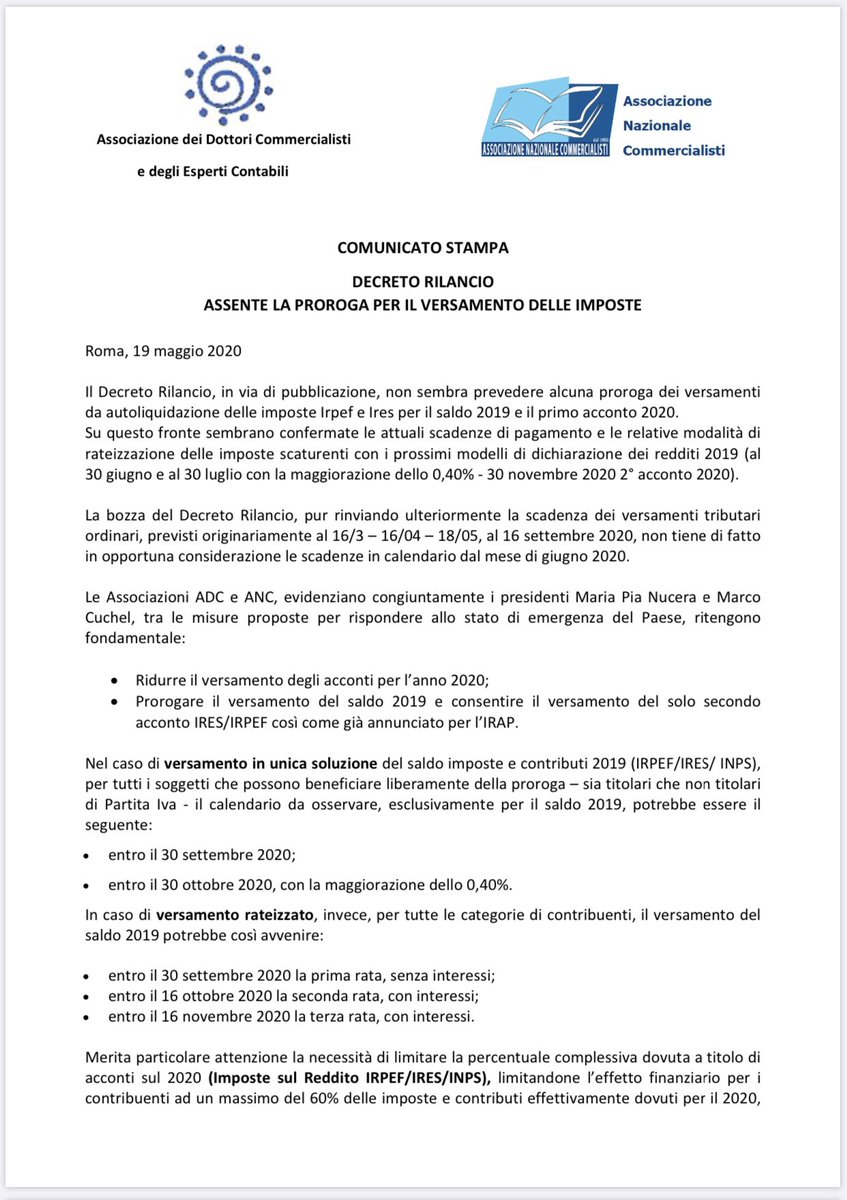 adc_nazionale's tweet photo. Le Associazioni ADC e ANC ritengono fondamentale:
- Ridurre il versamento degli acconti per l’anno 2020;
- Prorogare il versamento del saldo 2019 e consentire il versamento del solo secondo
acconto IRES/IRPEF così come già annunciato per l’#IRAP
#decretorilancio https://t.co/aHTUbHH5Rs
