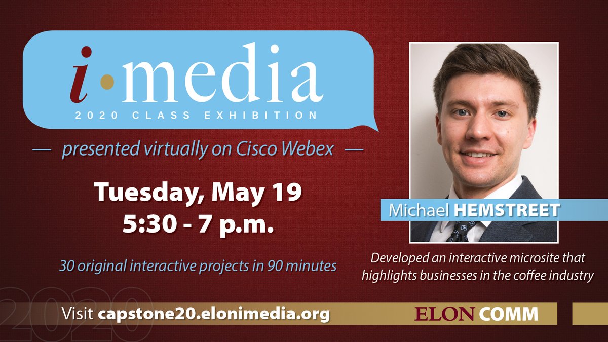 eloncomm's tweet photo. Beginning at 5:30 p.m. today, our @EloniMedia students will host their capstone exhibition with 30 original projects! @mikedhems is among the presenters, and he will delve into his microsite that highlights the @ElonOakHouse &amp; coffee industry. INFO: https://t.co/xsOHxfhtKW. https://t.co/R9eUBwmxuM
