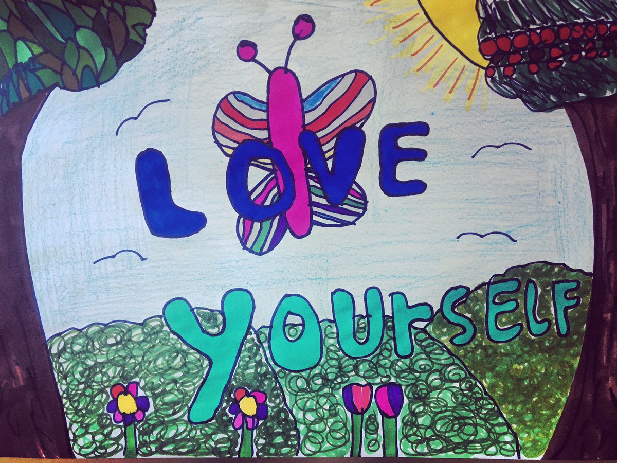 gembart83's tweet image. Ella has enjoyed the mindfulness activities. Today she has decided to design her own mindfulness colouring with a good message 💜❤️💚💙@SharksClass #MentalHealthAwarenessWeek