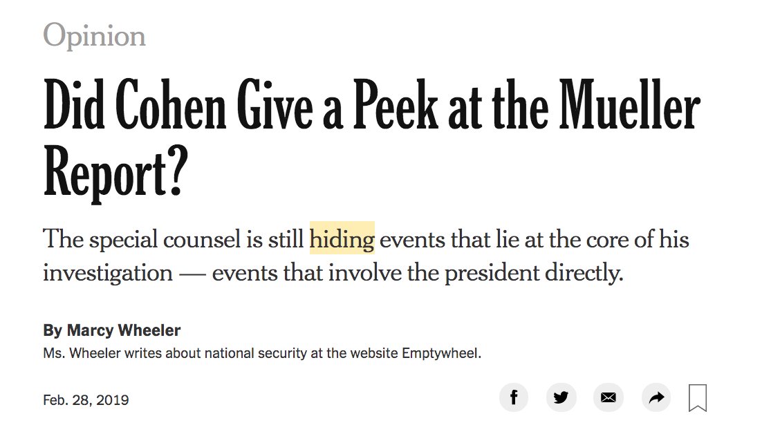 Among the many astounding examples of Wheeler's fraud, the NYT allowed her to write an op-ed weeks before the Mueller Report was submitted declaring that Mueller had been "hiding" the bombshell conspiracy info, and would soon implicate Trump himself in a vast criminal conspiracy