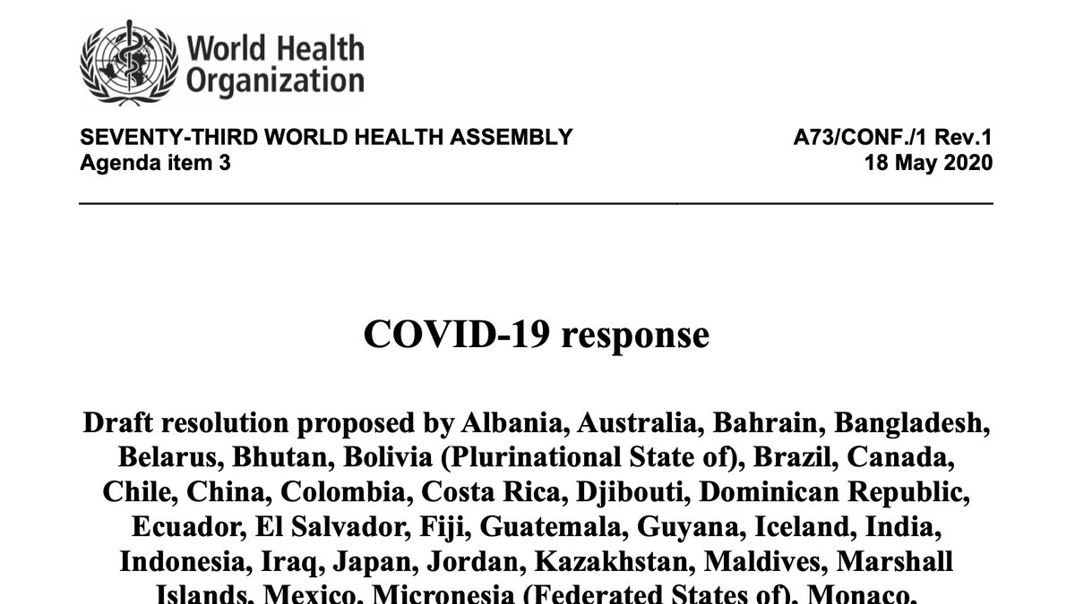 The World Health Assembly has adopted a landmark resolution for the global  #Covid19 Response. 137 co-sponsors joined the resolution, championed by Australia, EU & w China joining. Below, I've highlighted some key operative parts  #WHA73(Draft:  https://apps.who.int/gb/ebwha/pdf_files/WHA73/A73_CONF1Rev1-en.pdf)(1/5)
