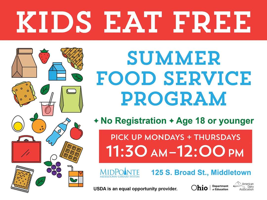 Summer Food Program: Children can pick up lunches in the MidPointe Library Middletown parking lot Mondays and Thursdays from 11:30-12:00.  
Mondays, children will receive 3 lunches and on Thursday they will receive 4 lunches.
#MiddieRising 
#ParentMentorsRock