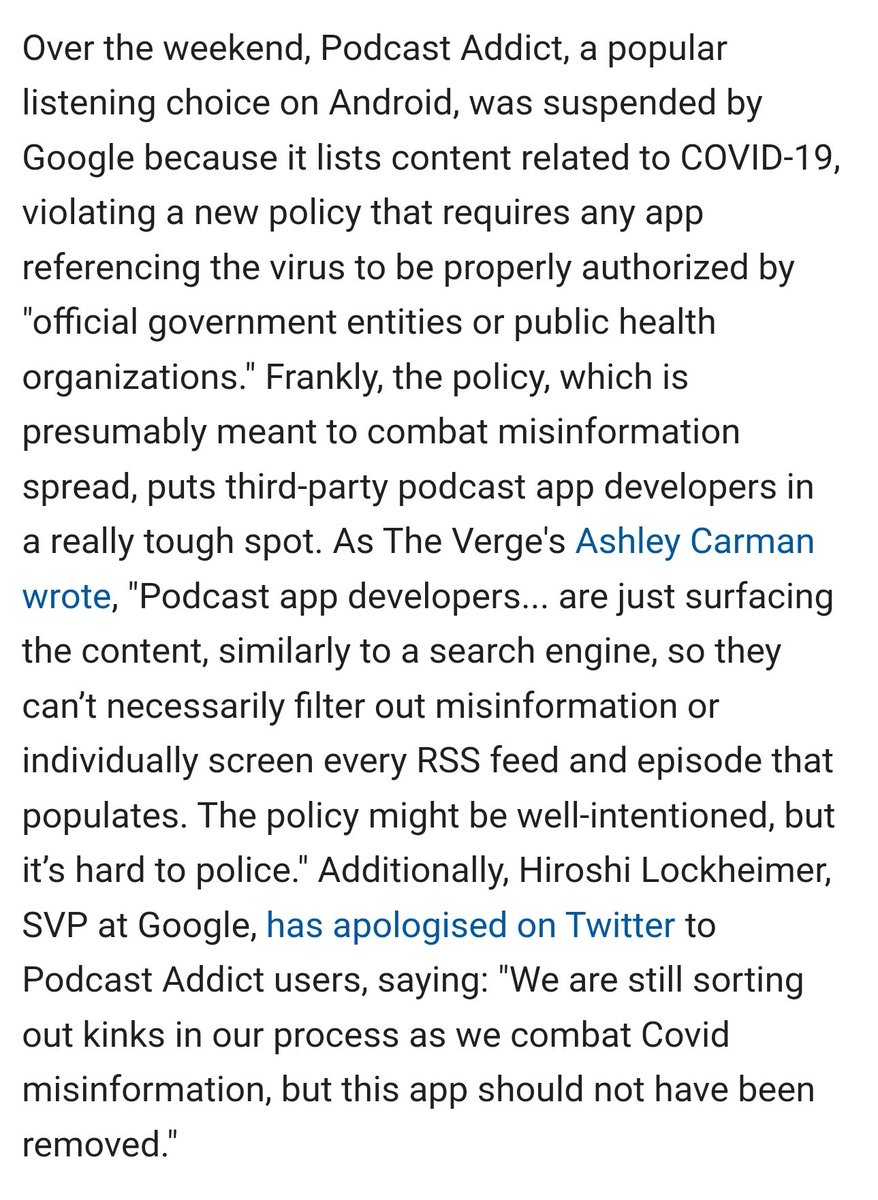 The thought police strike again, as Google app store suspends Podcast Addict app for mentioning covid19.*Tech as "truth" enforcer. This is our world now. *source: Hot Pod newsletter