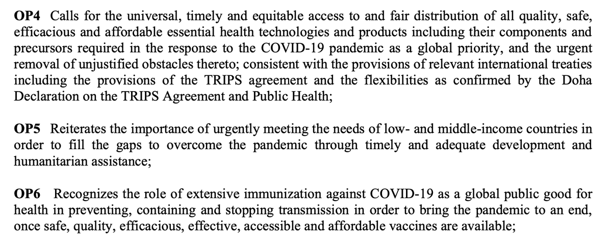 The Resolution affirms ensuring global equitable access to vaccines and equipment, including reiterating TRIPS flexibilities for public health and the importance of urgently assisting developing countries in  #covid19 response(This is a crucial international law point)(3/5)