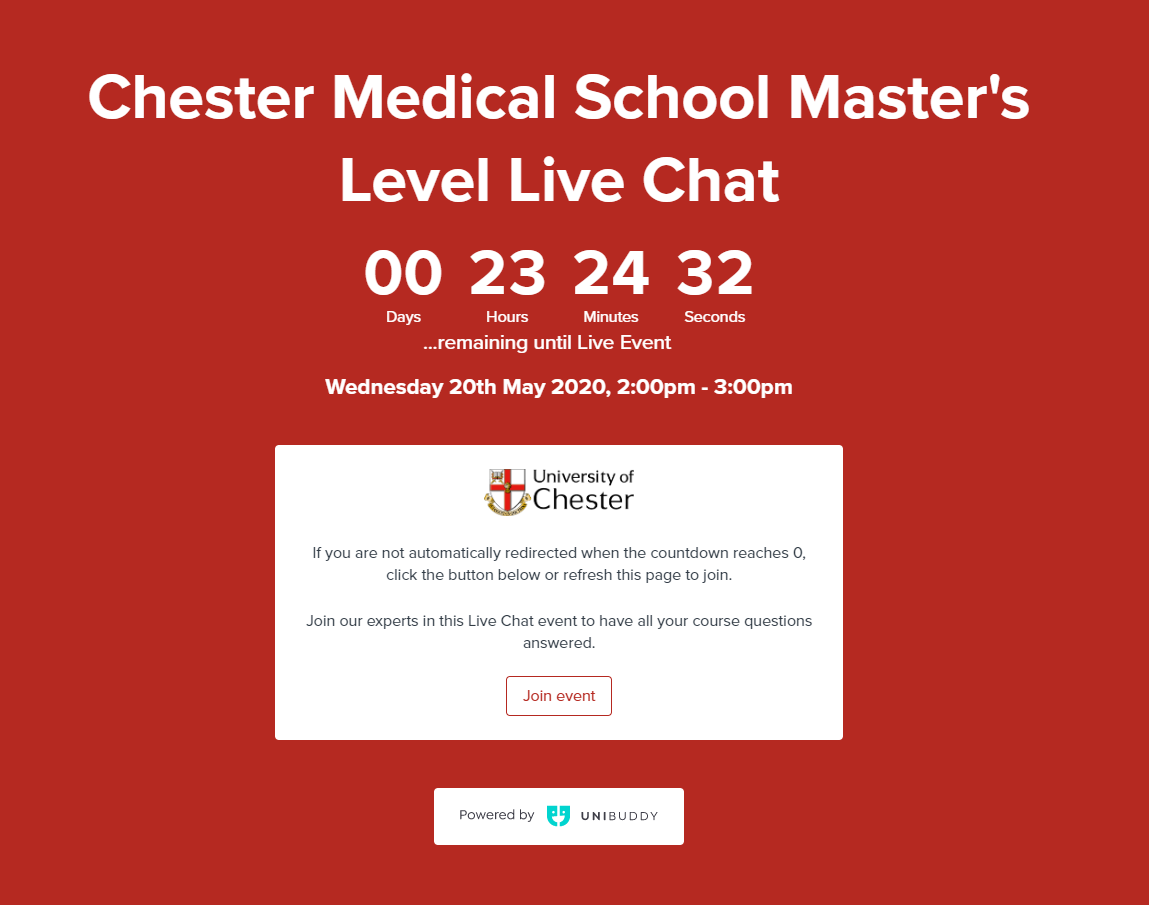 UoCMedSchool's tweet photo. If you're interested in one of the Master's programmes offered by @UoCMedSchool @uochester, it's not too late to register for our Live Chat tomorrow, Wednesday 20th May 2020, 2-3pm (UK time)
Register here π https://t.co/pyx99GvFSG https://t.co/mDhfJXhZ7b