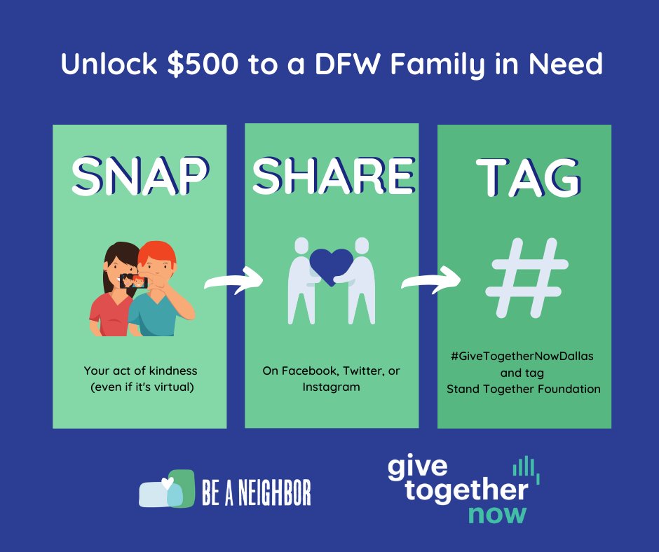 fwddfw's tweet photo. This is an EASY way to help w/Be A Neighbor &amp; #GiveTogetherNow. Perform act of kindness (volunteer, donate, mail a card, provide supplies, help neighbors!), post a photo, tag w/#givetogethernowdallas &amp; 
@_STFoundation &amp; $500 will be given to D-FW family in need #whatmovesyou https://t.co/d8OBevDJxi