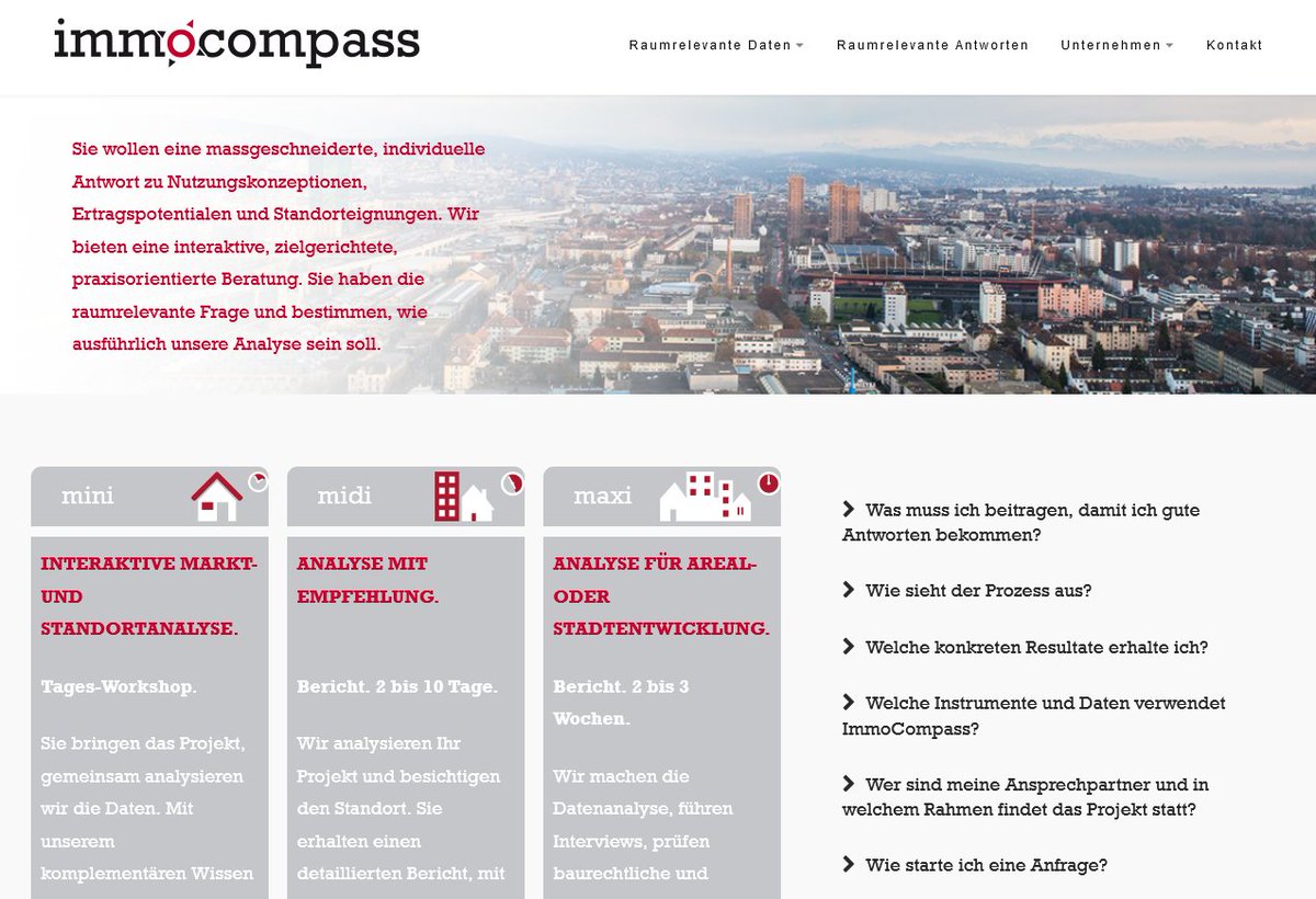 Suchen Sie eine massgeschneiderte Antwort zu Ihren raumrelevanten Fragen? Unsere neue Strukturierung Mini - Midi - Maxi bietet Ihnen eine interaktive, zielgerichtete und praxisorientierte Beratung. Werfen Sie einen Blick auf die neue ImmoCompass Website: immocompass.ch/index.php/de/r…