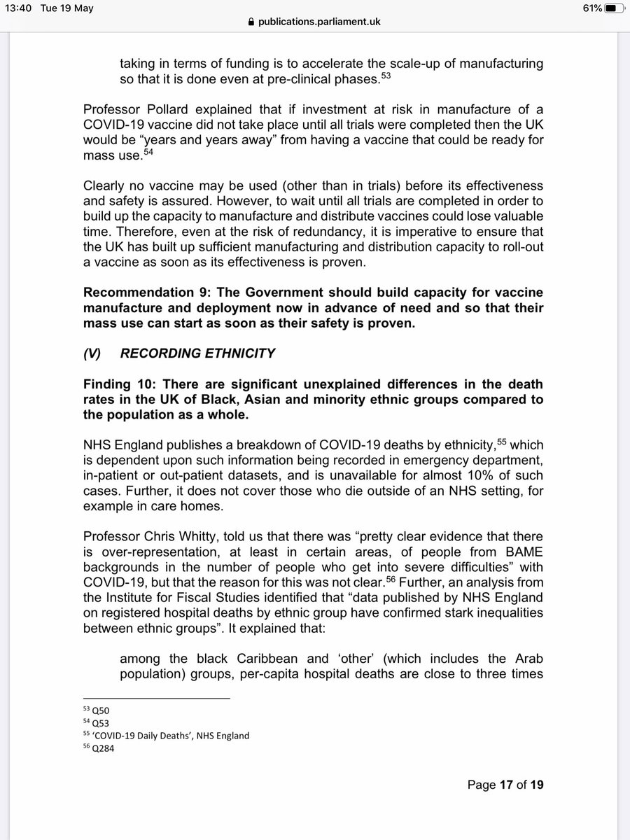 RECOMMENDATION: Capacity for manufacture and planning for deployment NOW in advance of need so that mass deployment can start as soon as safety is proven.HIGH DEATH RATE AMONGST ETHNIC GROUPS & STARK INEQUALITIES