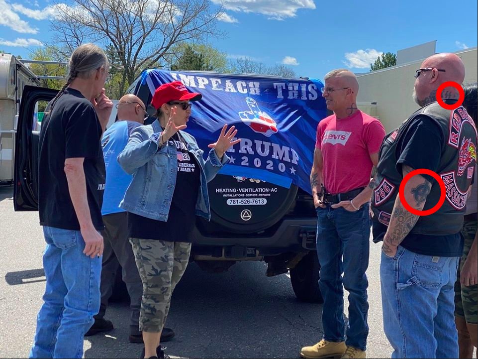 1/ The REOPEN MA group is run by a neo-Nazi biker.Meet David C. Morrissey, owner of DCM Sheet Metal, Inc., in Danvers, MA, and member of the Red Devils MC North Shore, a support club for the Hells Angels.Note the Nazi tattoos.