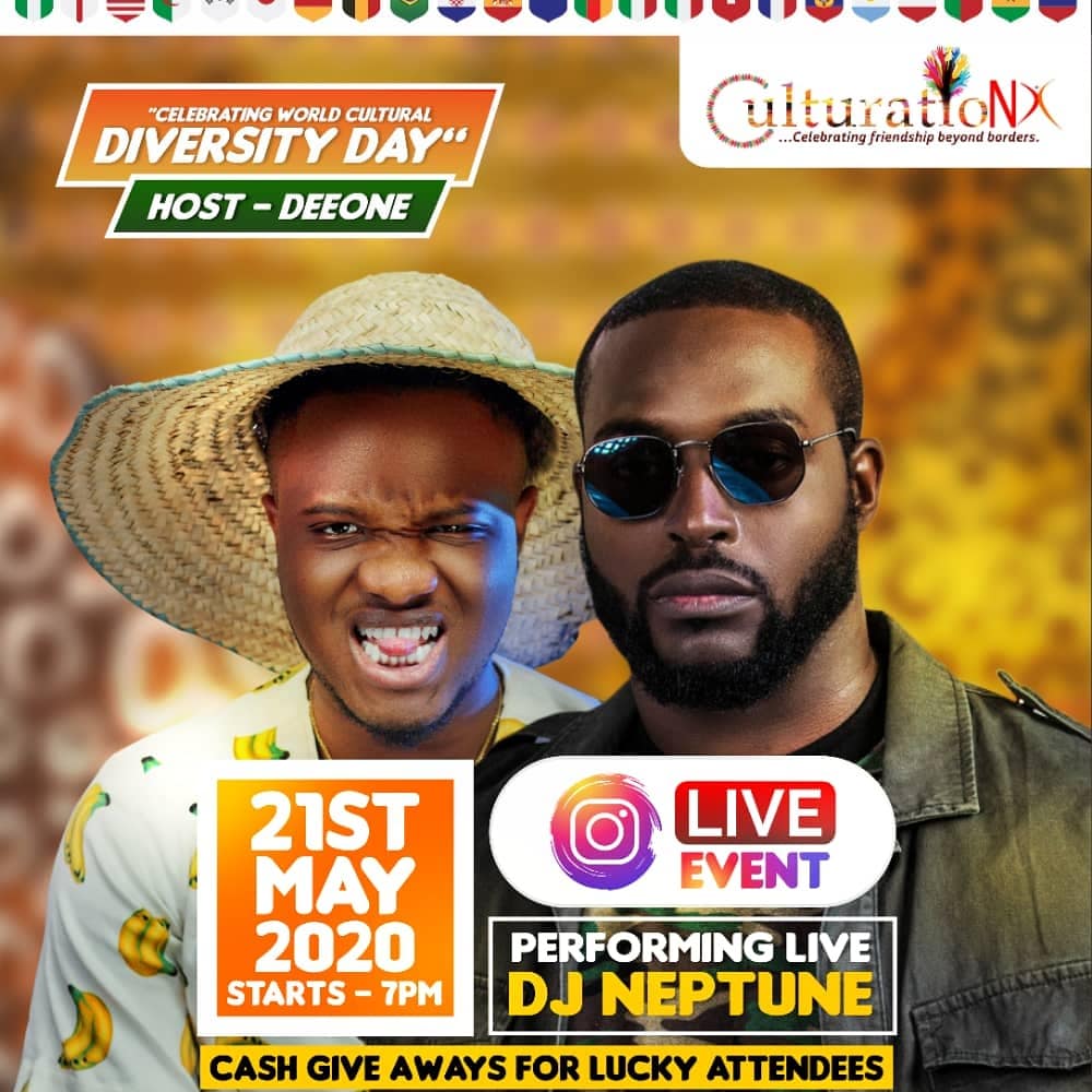 deejayneptune's tweet photo. It's worlds cultural day May 21st and I'll be performing LIVE as we come together to celebrate our culture admist the pandemic. @culturationx is also celebrating this day with daily cash giveaways so swipe ➡ to see details of how to be part of #CulturationXChallenge on Instagram https://t.co/eLosDAs0ut