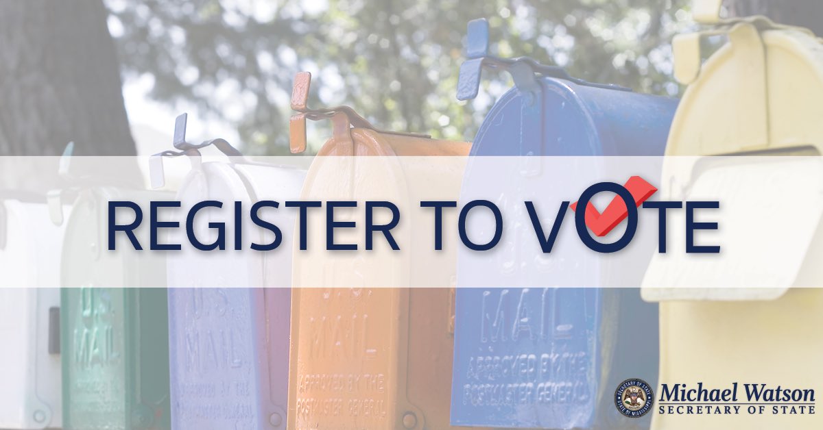 MississippiSOS's tweet photo. Are you registered to vote in Mississippi? If not, stay safe and stay ahead of registration deadlines by completing a mail-in voter registration application today.
 
Click the link to download a mail-in application:
https://t.co/E2zLdeUMD3 https://t.co/ugFovmlusX