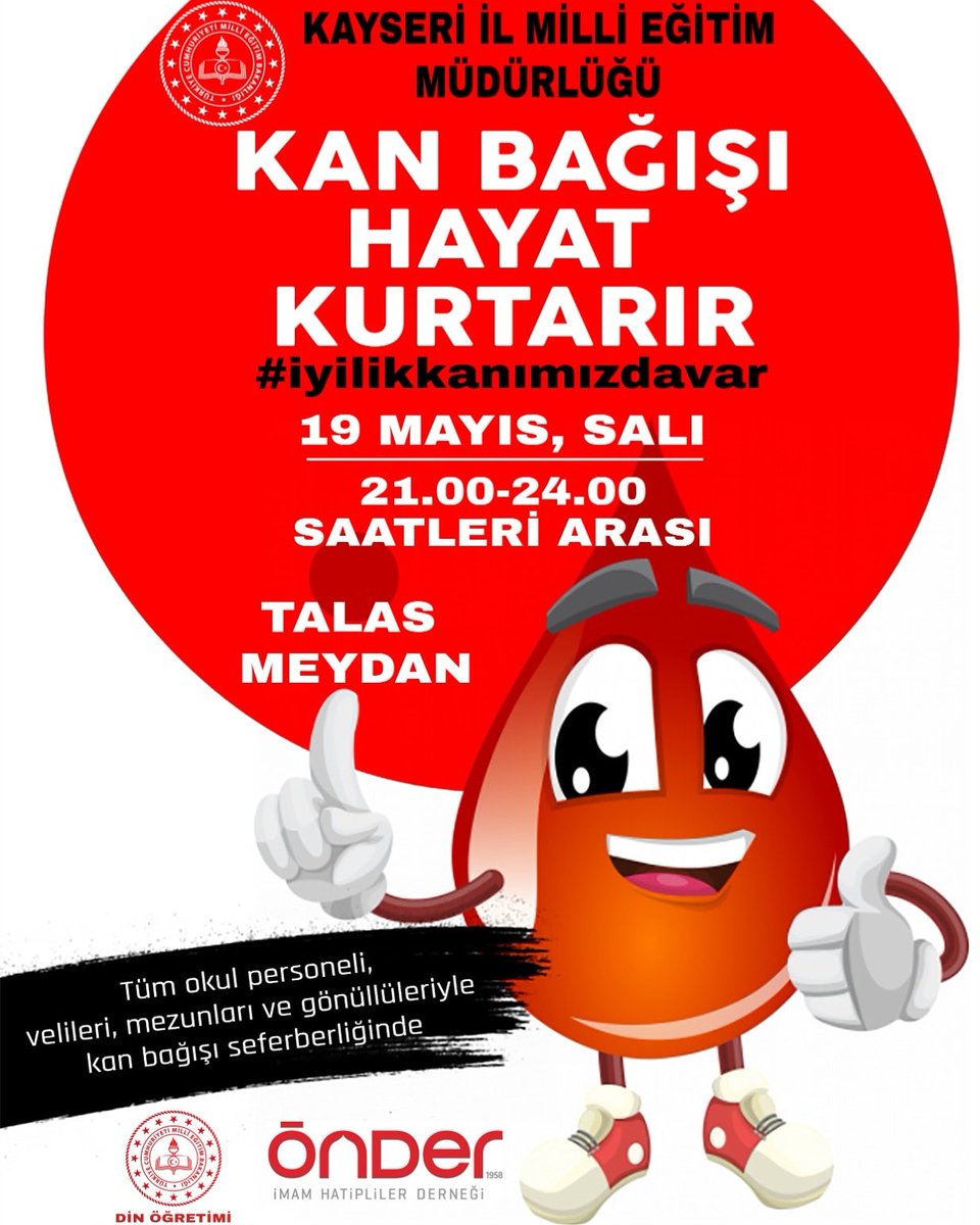 Bugün akşam İftardan sonra Talas Meydanda Kan vermek üzere buluşuyoruz. Çayımızda var. Bekleriz <a href="/tcmeb/">Millî Eğitim Bakanlığı</a> <a href="/ziyaselcuk/">Ziya Selçuk</a> <a href="/kayserimem/">Kayseri İl Millî Eğitim Müdürlüğü</a> @hmzaydg <a href="/yilmaznazif/">Nazif Yılmaz</a>