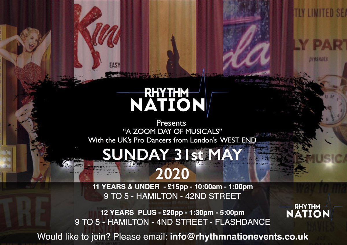 RhythmNationGB's tweet photo. “A ZOOM DAY OF MUSICALS” only a few places left. HAMILTON - 9to5 - 42nd STREET Workshops!
For more info Email: info@rhythmnationevents.co.uk https://t.co/fqG52NO2JV