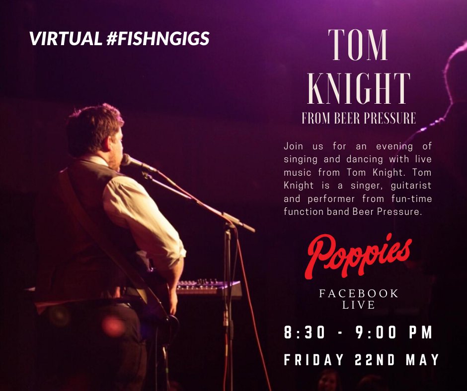 popsfishnchips's tweet photo. Catch @tomknightmusic from @BeerPressure in full swing on Friday night, as he joins us for a round of Poppies Virtual #FishNGigs. Make sure you tune in to Facebook live from 8.30pm on Friday night for some live music and great vibes 😁🎤 https://t.co/fTrPWQJsJ4