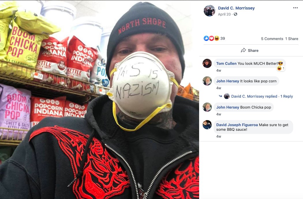 4/ Morrissey is also a member of the Red Devils, an outlaw motorcycle club associated with the Hells Angels. (Note the irony of a guy who proudly sports multiple neo-Nazi tattoos writing "This is Nazism" to protest the shelter-in-place guidelines.)