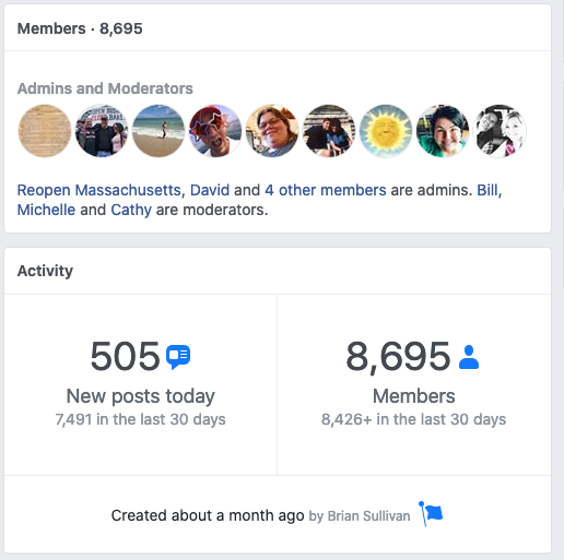 3/ He's an admin for REOPEN MA, the largest anti-lockdown Facebook group in Massachusetts.The group has nearly 9000 members, and is very active, with over 500 posts in the last 24 hours.